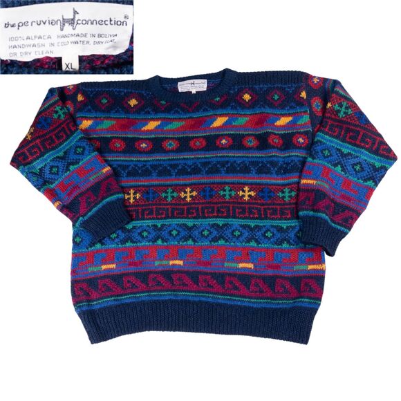 Peruvian Alpaca Sweater Men XL Fair Isle Ski Lodge Cosby Biggie Vintage Handmade - Picture 1 of 6